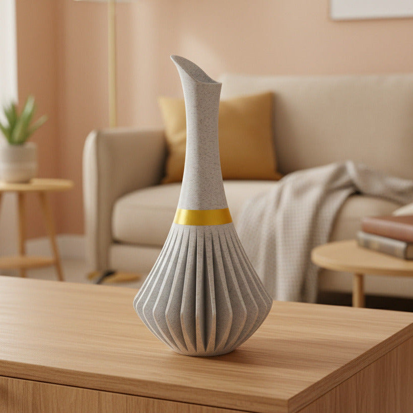 Geplooide vaas met gouden accenten – Moderne 3D-geprinte accordeonvormige bloemenhouder