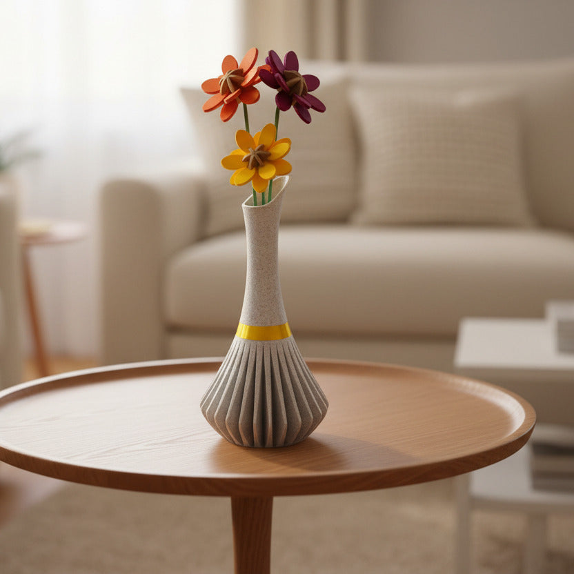 Geplooide vaas met gouden accenten – Moderne 3D-geprinte accordeonvormige bloemenhouder